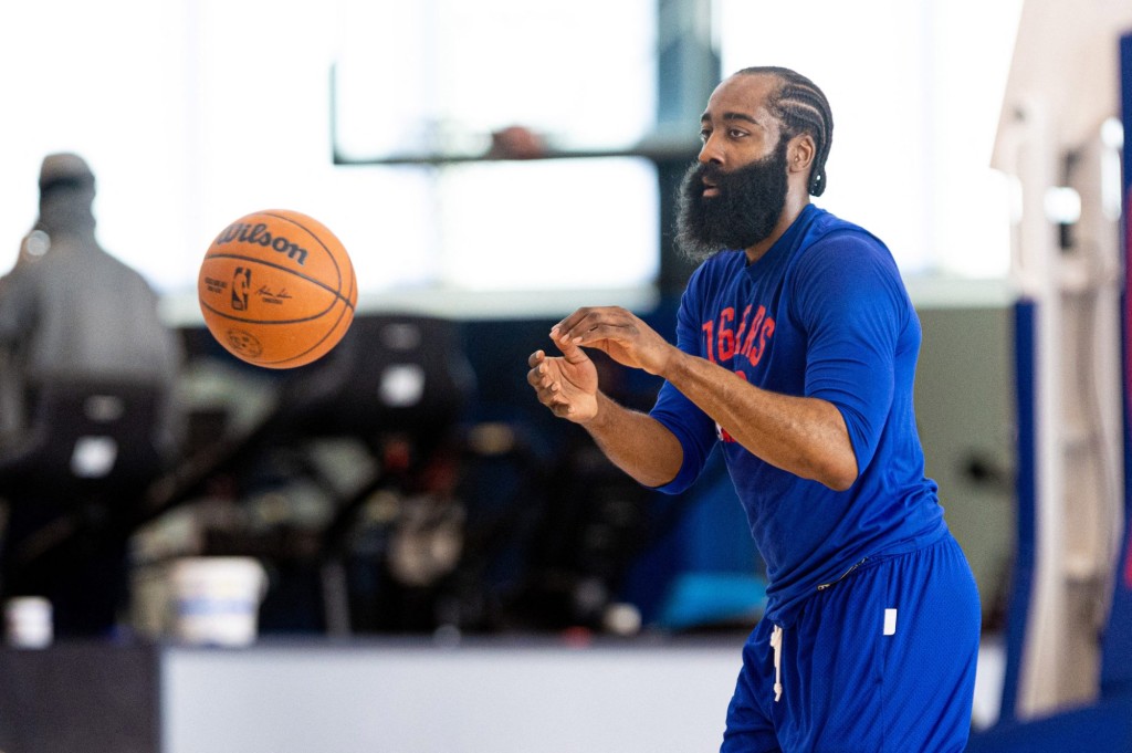 76ers guard James Harden practices at the Philadelphia 76ers Training Complex.