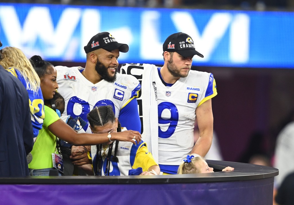 Aaron Donald and Matthew Stafford celebrate after the Rams' Super Bowl win
