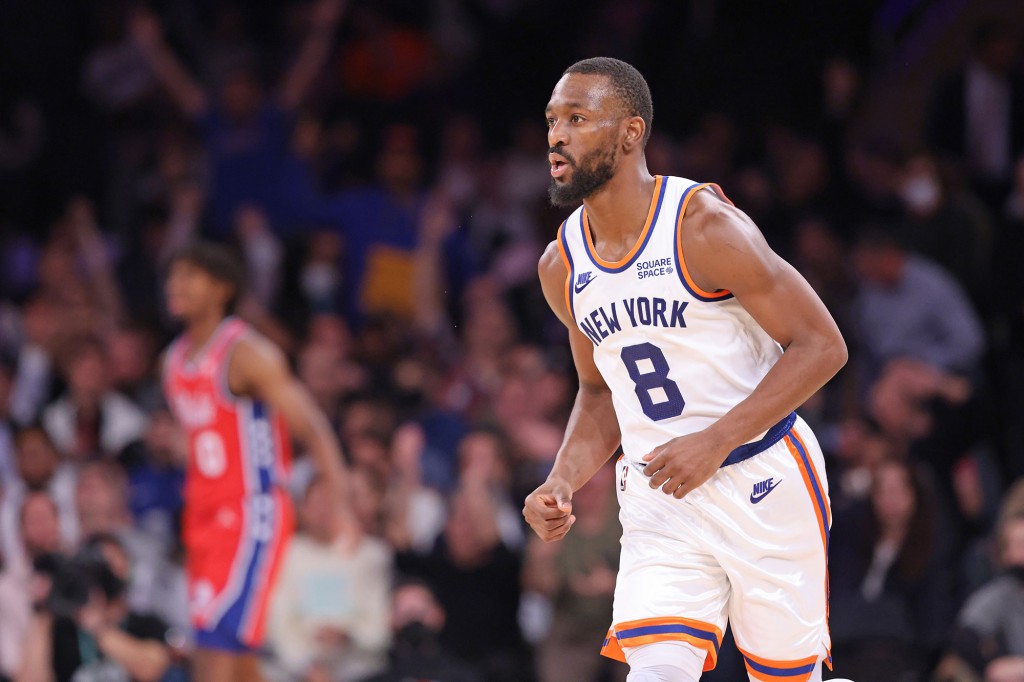 New York Knicks guard Kemba Walker #8, reacts after hitting a 3-point shot 