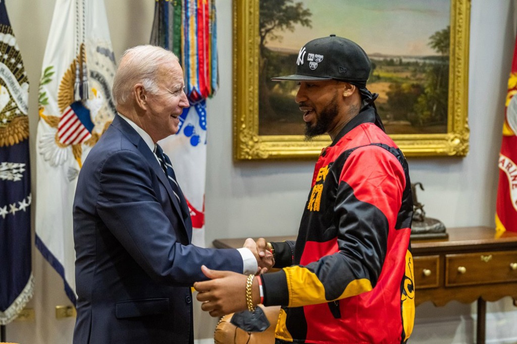Biden, the pro-labor president, shook hands with Christian Smalls, the leader of the successful unionization drive at an Amazon facility on Staten Island.