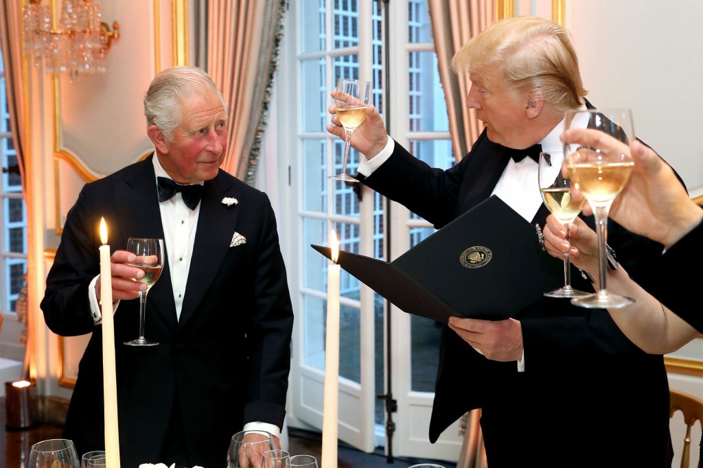 Former President Donald Trump and King Charles III toast during the Return Dinner in Winfield House, the residence of the Ambassador of the United States of America to the UK, in Regent's Park, part of the president's state visit to the UK, in London on June 4, 2019.