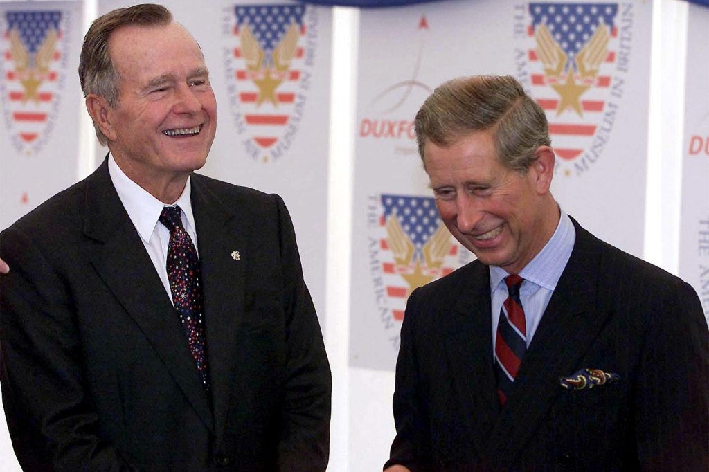 George H.W. Bush with King Charles III at the Rededication Ceremony of the American Air Museum of Great Britain at the Imperial War Museum in Duxford, Cambridgeshire on Sept. 27, 2002.